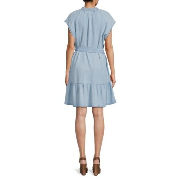 Cloth & Stone Chambray Blue Ruffle Neck Tiered Mini Dress Womens Size S - Picture 2 of 9